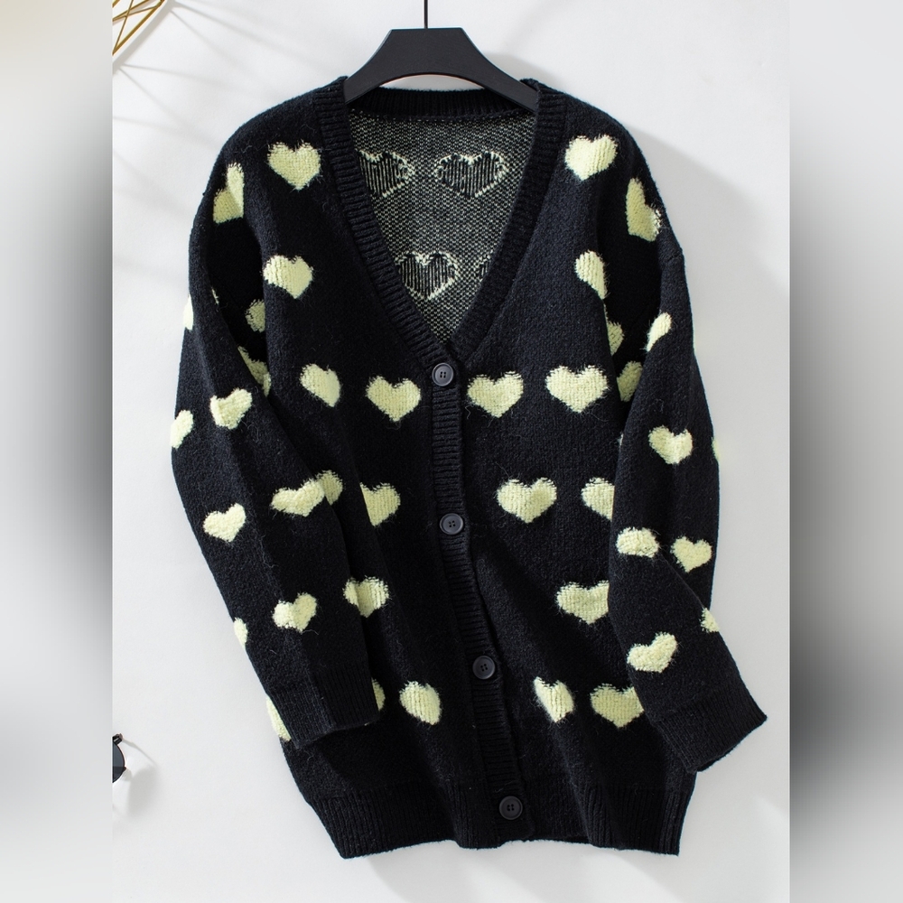 Chic Black and Cream Heart Button Up Cardigan